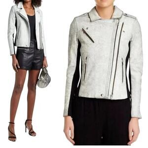 IRO Ilaria Biker Jacket XS Cracked Leather Ribbed Knit Moto Zip Style 34